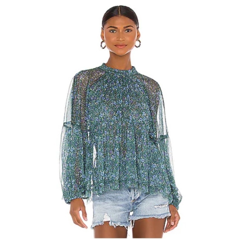 FREE PEOPLE Sheer Sweetheart Long Sleeve Top Emerald Green Floral L Boho Fairy
